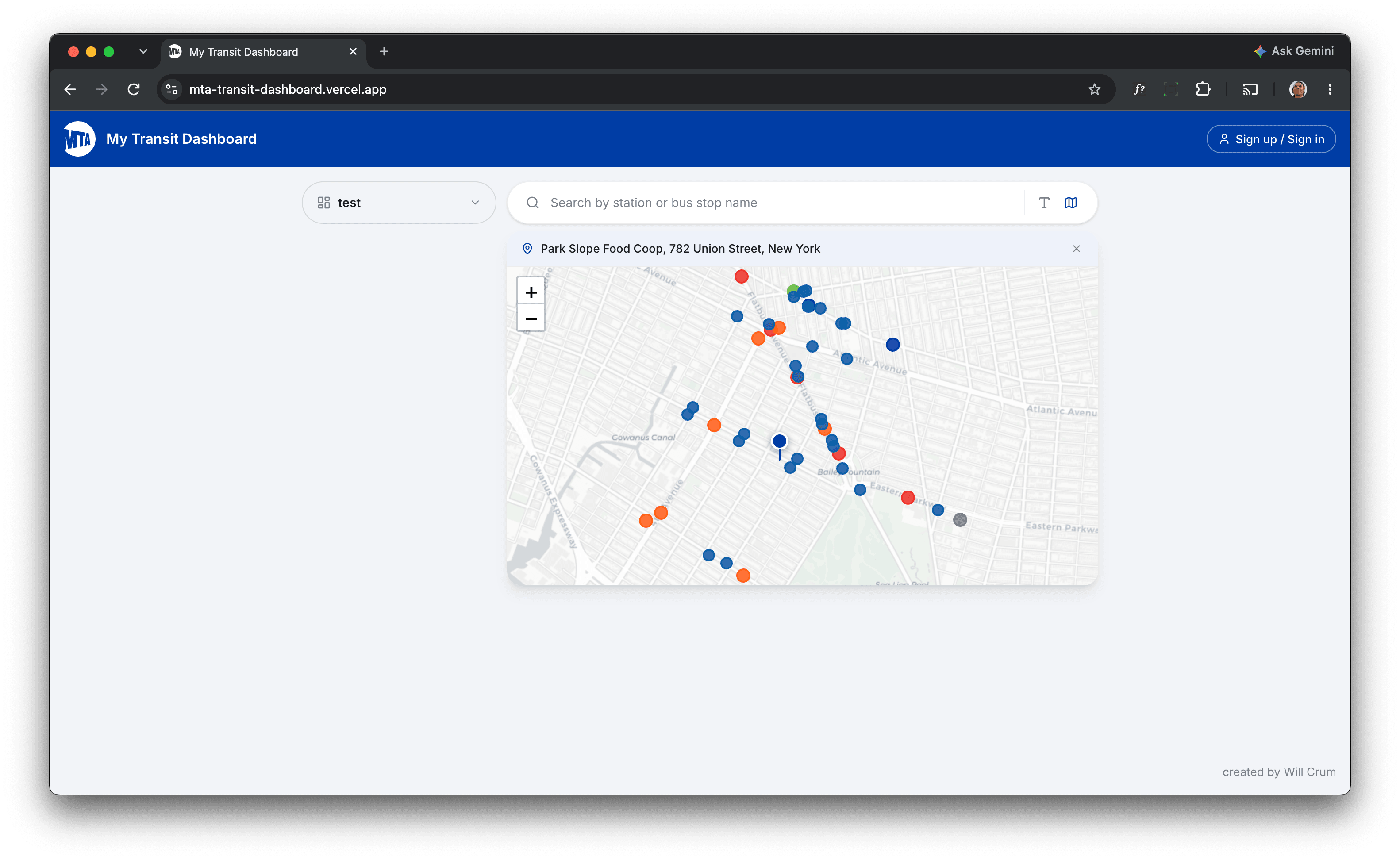 My Transit Dashboard map view of nearby stations