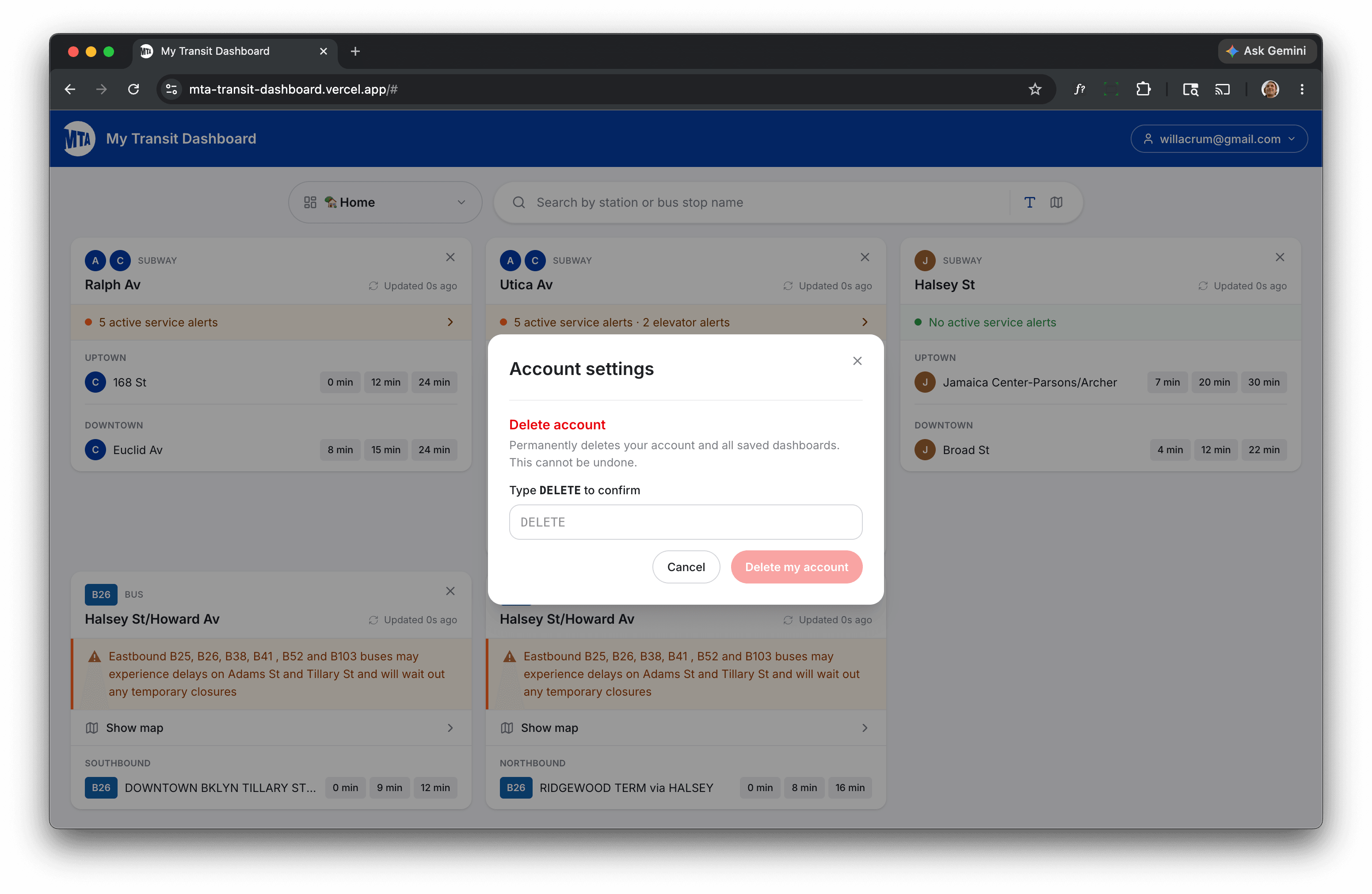 My Transit Dashboard account settings panel