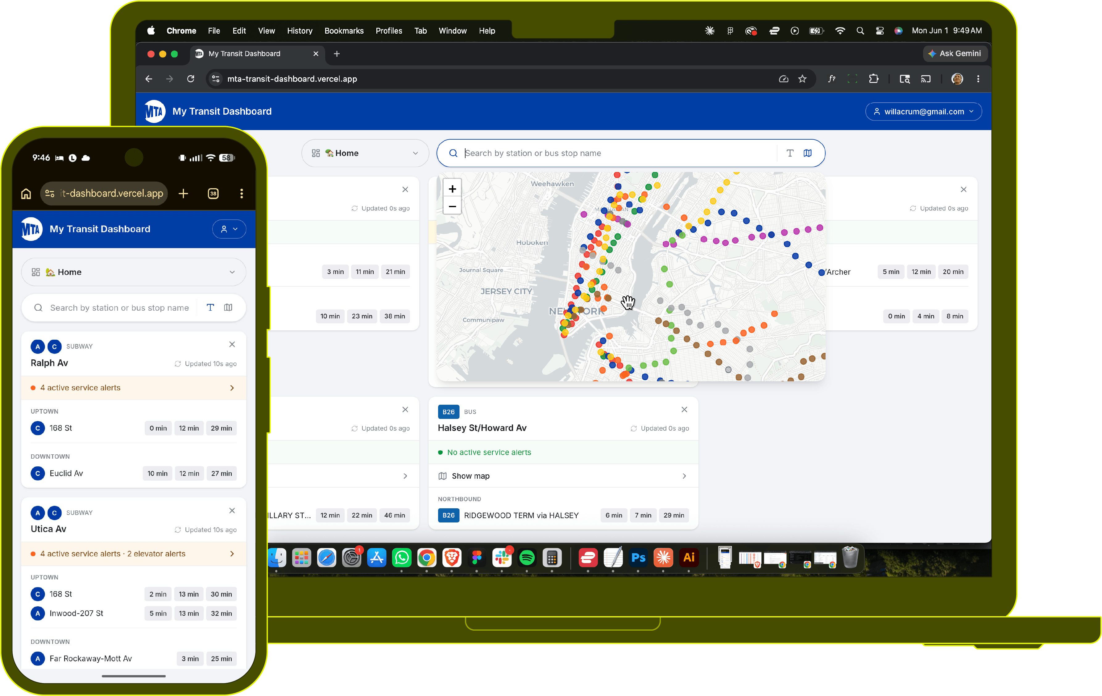 My Transit Dashboard showing live MTA train and bus arrivals
