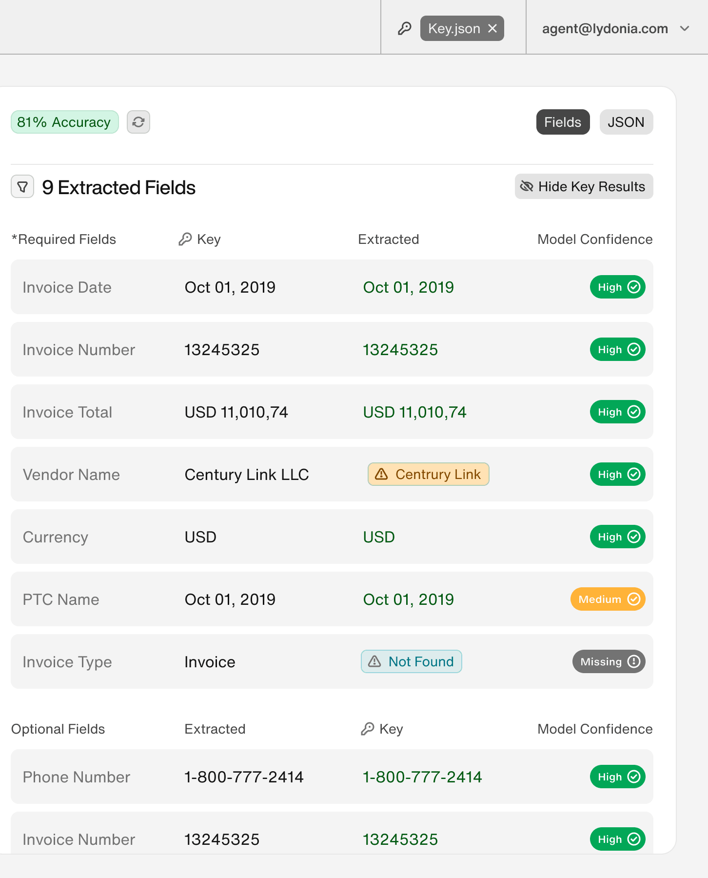 Invoice documents with automatically extracted fields