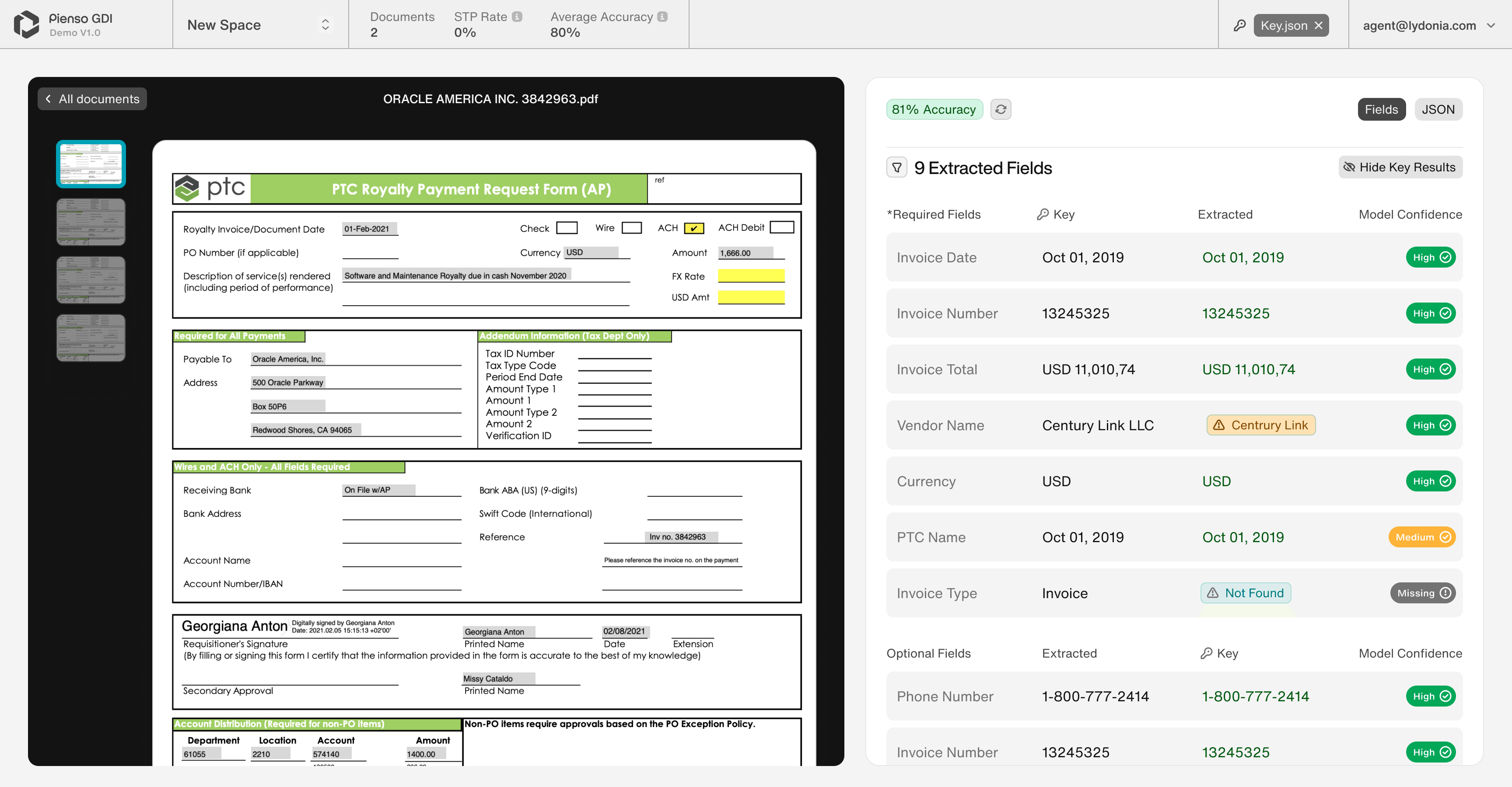 Invoice extraction demo tool showing automatically extracted fields
